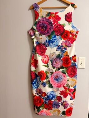 Floral Midi Sheath Dress in White with Multicolor Blooms